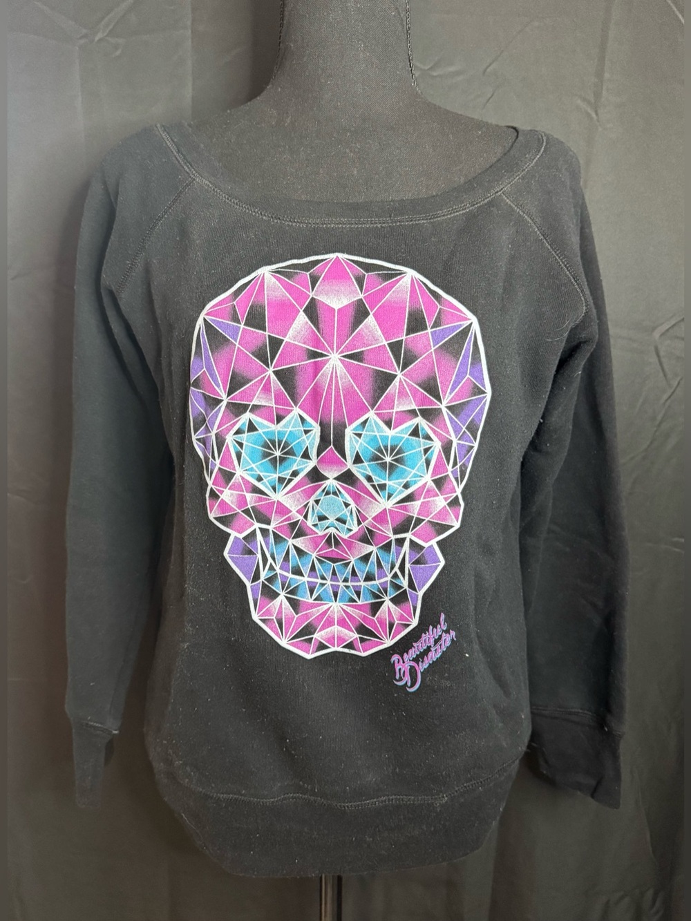Beautiful Disaster Sugar Skull Pink Blue Purple Sweatshirt Size Medium